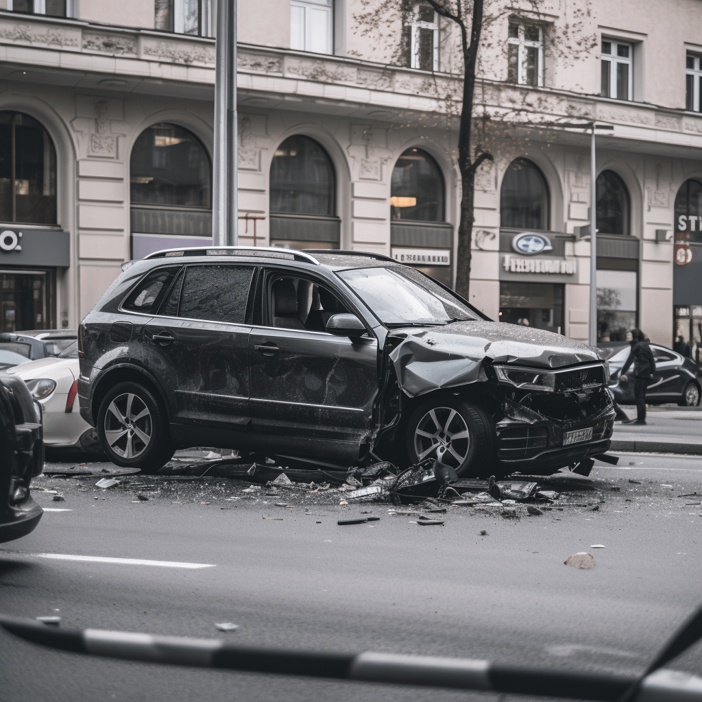 a damaged car on a city street