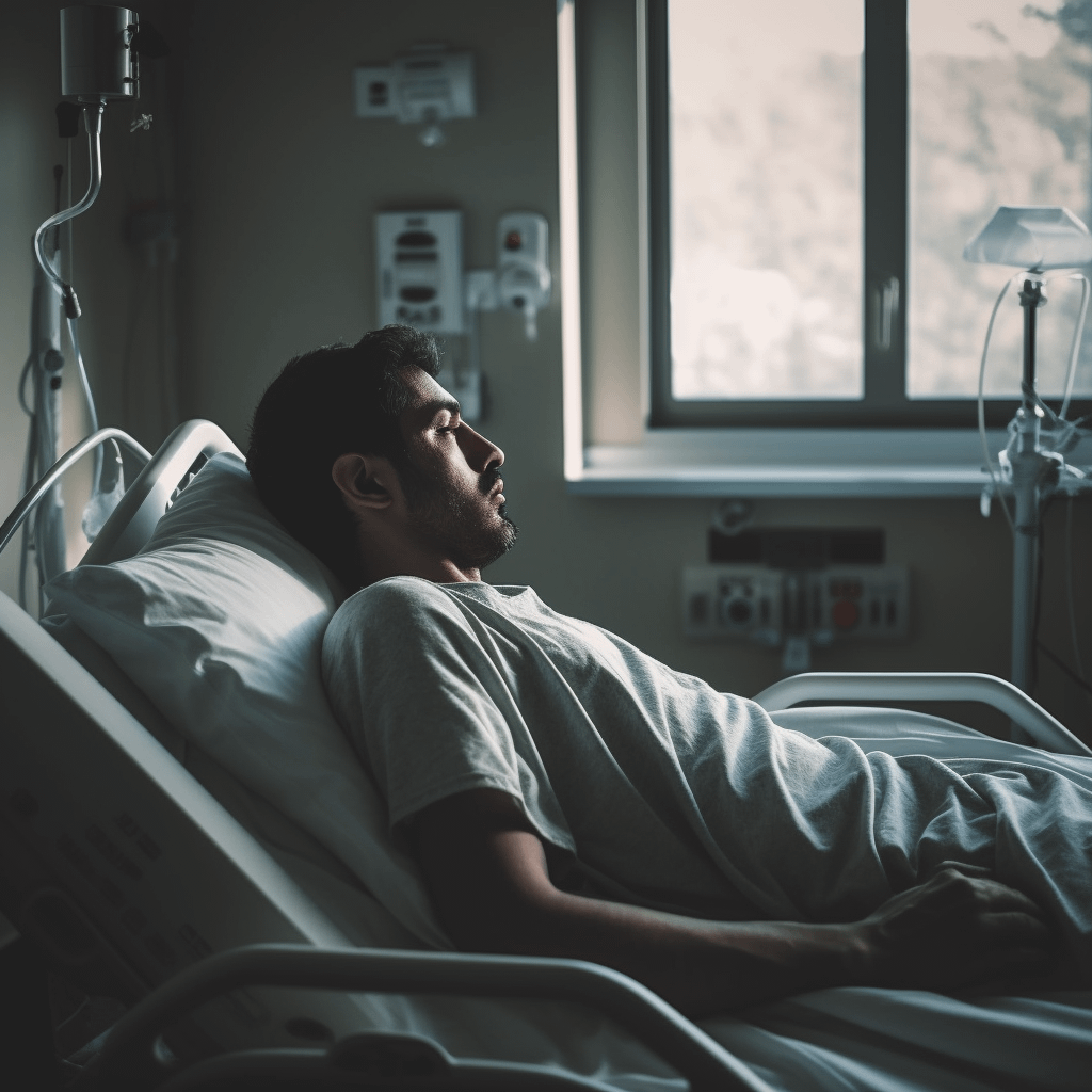 a person sitting uncomfortably in a hospital bed