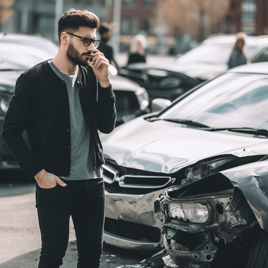 person talking on the phone in front of damaged vehicle
