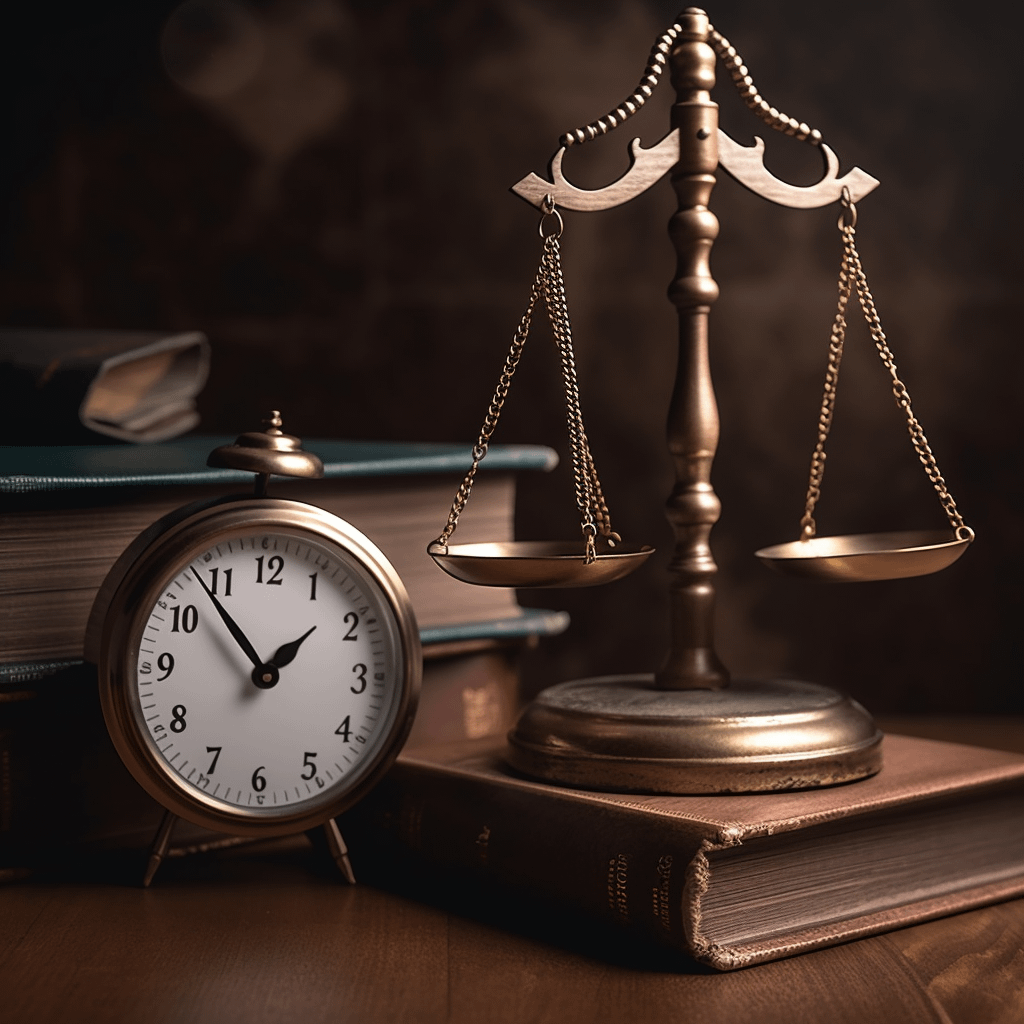 alarm clock next to scales of justice