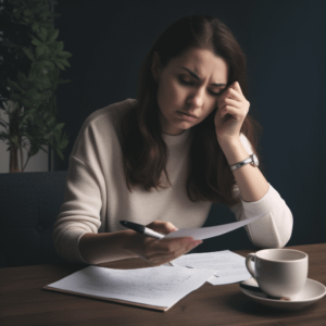 person looking down at paper with stressed expression
