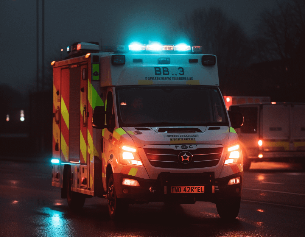 an ambulance with its lights on driving at night