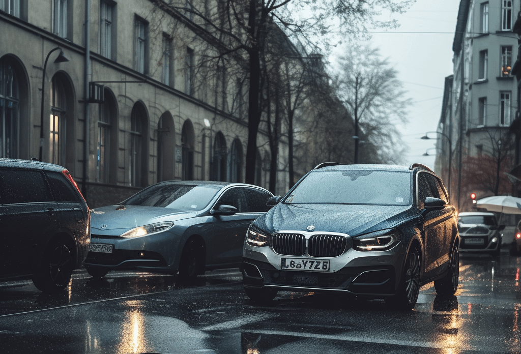 cars driving on a city street in rainy weather