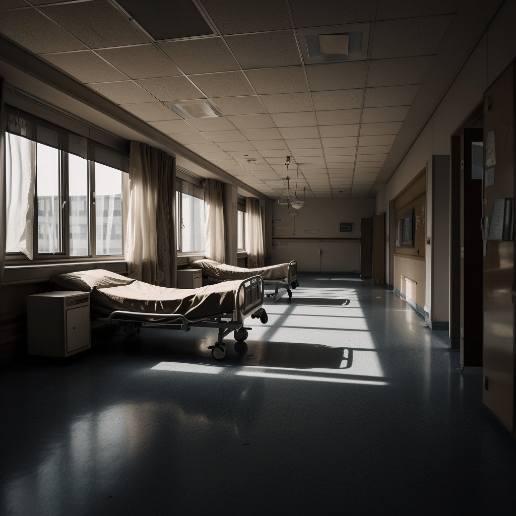 empty hospital beds in front of windows