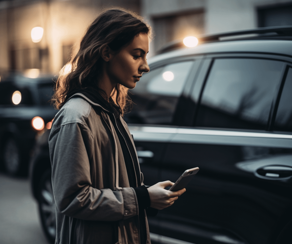 a person using their phone in front of a parked car