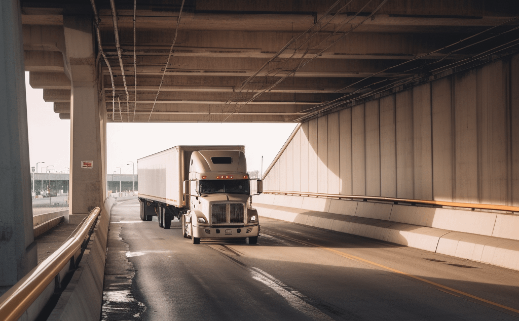 semi-truck under a bridge