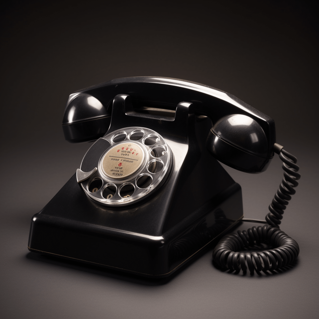 a black old-style rotary telephone