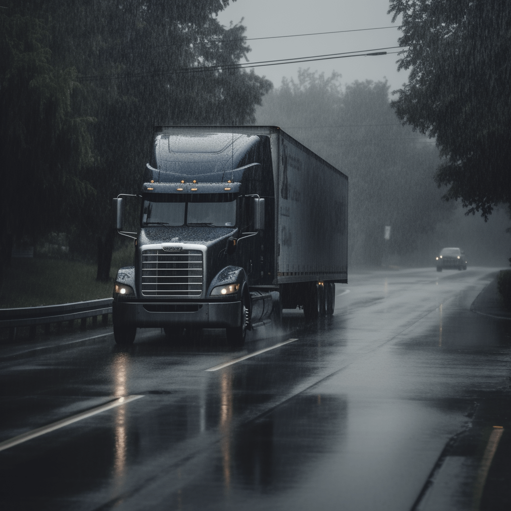 a semi-truck driving through the rain