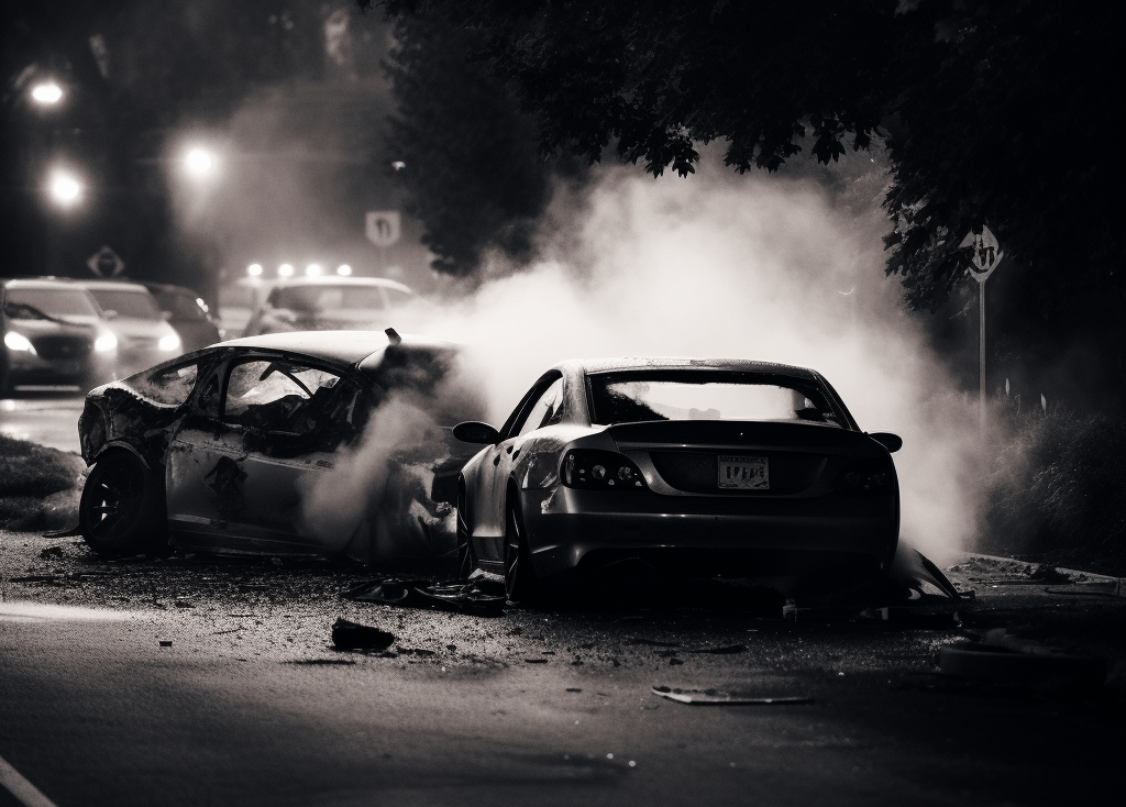black and white photo of a car accident