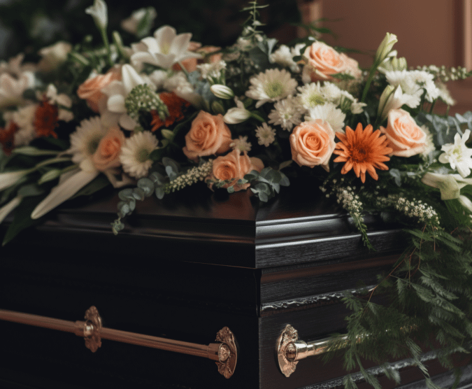 closed casket covered in flowers