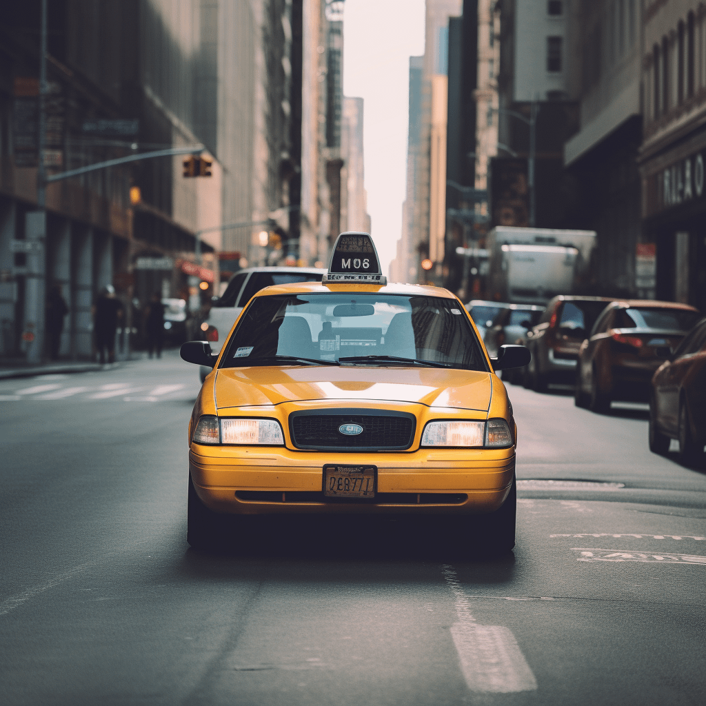 a taxicab driving toward the camera on a city street