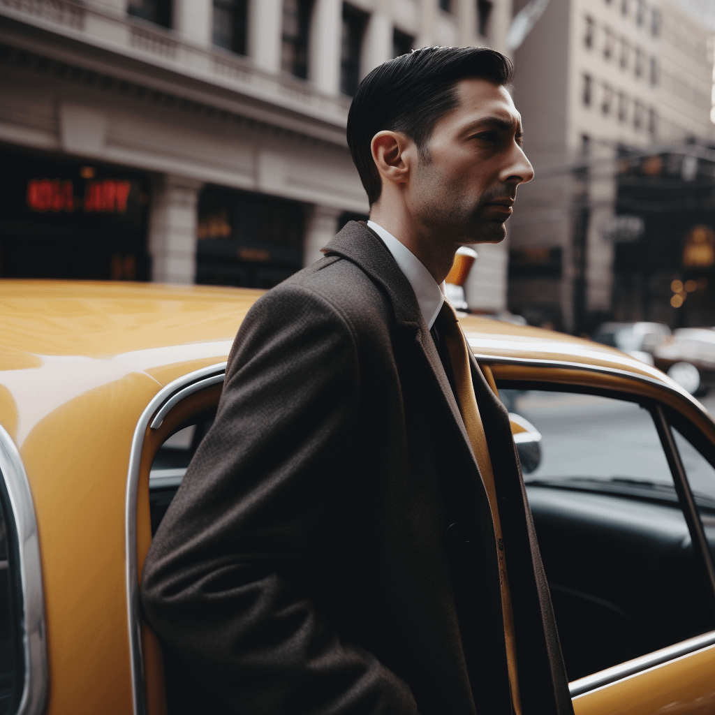 a man in a suit getting out of a taxi