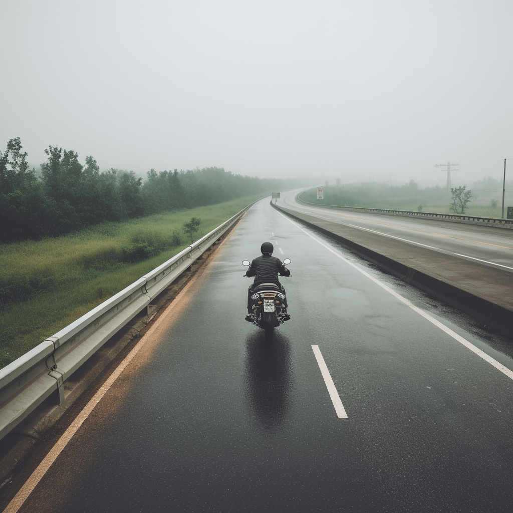 a person riding a motorcycle on a foggy, overcast highway