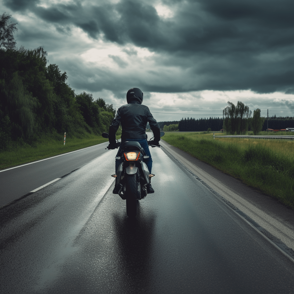 a person riding a motorcycle under some storm clouds