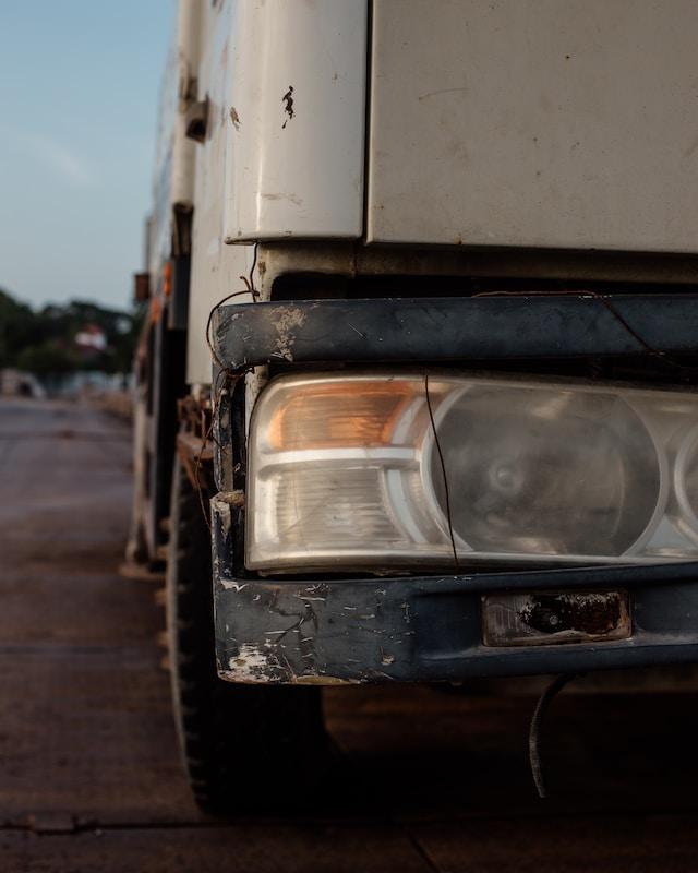 a close up photo of a headlight on a semi-truck
